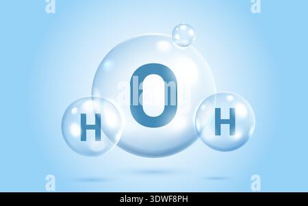 Water molecule H2O in transparent bubble structure on blue background, representing hydrogen and oxygen atoms. Vector illustration. Stock Vector