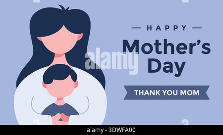 Happy Mother's Day greetings with flat illustration of a mother hugging her son on soft blue background. Stock Vector