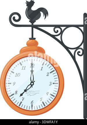 Street clock in vintage style. Metal forged post isolated on white background Stock Vector
