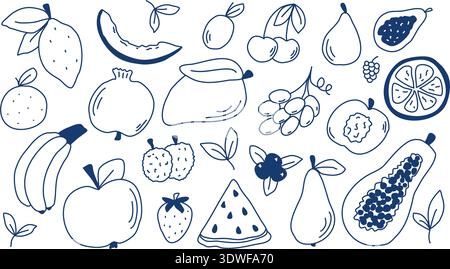 Hand drawn set of fruits and berries. Healthy organic plant based food collection in doodle sketch style. Cute sloppy line fruit, Mediterranean vibe Stock Vector