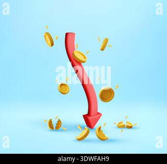 3d Red arrow downward trend in stock market Stock Vector