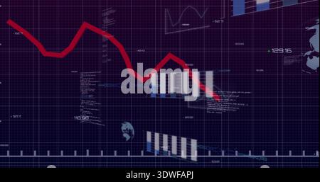 Displaying thick red trend line tracing jagged decline on purple dashboard, showing bars and globes Stock Photo