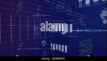 Displaying central grid panel showing white bar cluster and waveform in 3D dashboard, globe icons Stock Photo