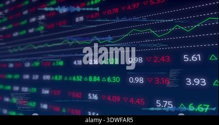 Displaying market ticker updating at trading desk screen, with price values and green line Stock Photo