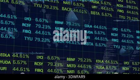 Displaying financial ticker grid on navy display, showing ticker codes, percent values, map overlay Stock Photo