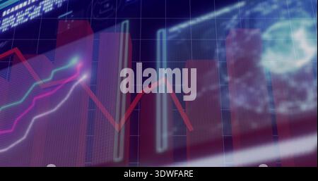 Displaying financial dashboard on-screen showing tall bars, red line graph, neon trend lines, grid Stock Photo