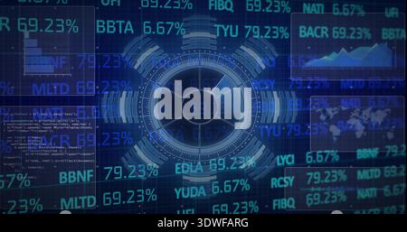 Displaying central circular HUD pulsing on dark grid dashboard, showing tickers and chart panels Stock Photo