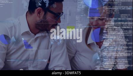 Collaborating two colleagues analyzing charts in office, wearing white shirts, glasses, sticky note Stock Photo
