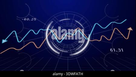 Displaying circular HUD with cyan orange waveforms crossing on dark-blue grid, labels -60 Stock Photo