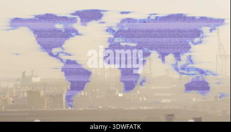Displaying faint purple pixel world map covering hazy port, with cranes, ship, stacks, scanlines Stock Photo