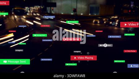 Showing streaking light trails and floating notification labels on multi-lane urban street at night Stock Photo