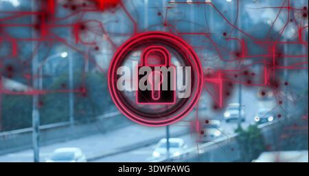 Glowing neon red padlock icon hovering over curved urban roadway, with red circuit overlay and cars Stock Photo