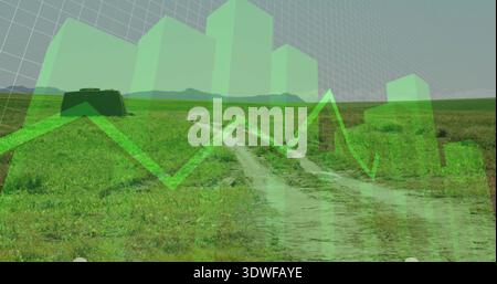 Displaying central unpaved dirt track with translucent green 3D bars and line chart over grassland Stock Photo