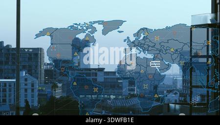 Displaying translucent digital world map overlay covering downtown skyline, showing targets, nodes Stock Photo