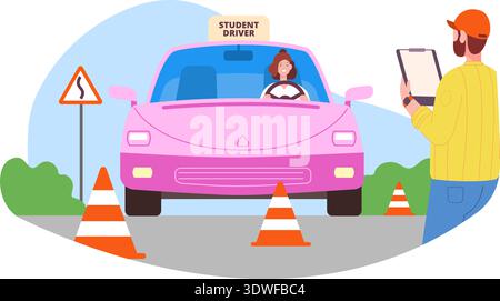 Driving exam. Car practice scene. Student test isolated on white background Stock Vector