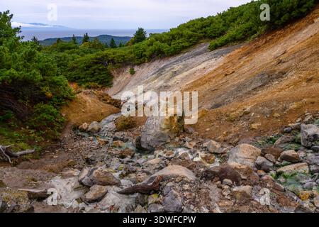 A winding path through a volcanic hillside in Russia reveals rocky outcrops and dense greenery. The serene coastal view adds to the beauty of this uni Stock Photo