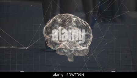 Floating 3D brain hologram showing glowing neural nodes over dark gridded lab floor, with wireframe Stock Photo