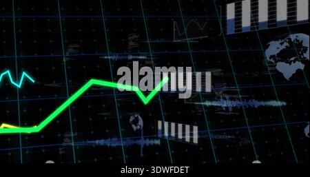 Displaying neon green jagged line graph on data dashboard, with yellow segment and white gray bars Stock Photo