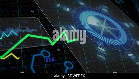 Displaying data dashboard on tilted grid, showing green jagged line, yellow trace, blue HUD gauge Stock Photo