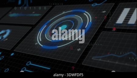 Displaying central circular HUD pulsing with segmented arcs on dark grid plane, showing data tiles Stock Photo