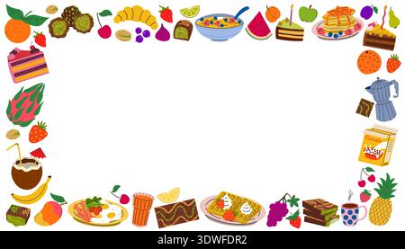 Vibrant cartoon flat style food border on a white background. Festive rectangular frame with assorted breakfast items, sweet desserts, and fresh tropi Stock Vector
