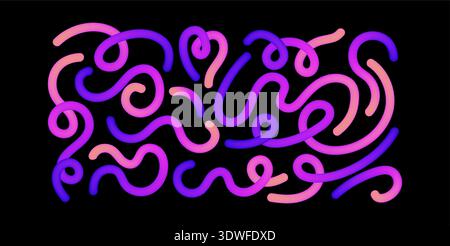 Colorful gradient waves form abstract line patterns with spiral ribbons. Modern 3D shapes flow in dynamic curves ideal for playful graphic designs Stock Vector