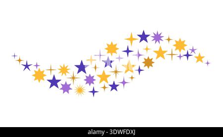Vibrant magic flowing wave of colorful stars in purple, orange, and gold tones on a white background. Festive decorative constellation trail for invit Stock Vector