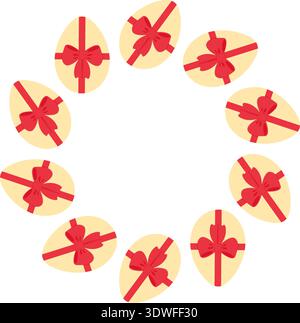 Round Frame border of Easter Eggs with red tied ribbon bow Minimalist Flat design Copyspace Template. Vector illustration Easter Holidays Greetings Thematic card, posting, blog, leaflet, banner, price Stock Vector