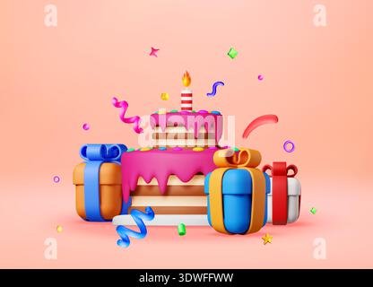 3d Layered birthday cake with gift boxes Stock Vector
