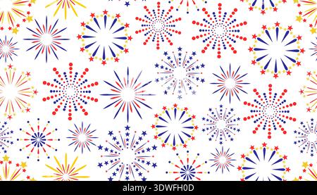 Vibrant seamless pattern of red, blue, and yellow fireworks on a white background. Festive fireworks display with stars and dots, perfect for New Year Stock Vector