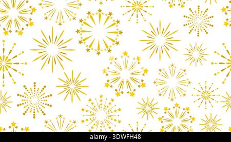 Golden seamless pattern with various firework bursts and star shapes on a clean white background. Festive decorative illustration perfect for New Year Stock Vector