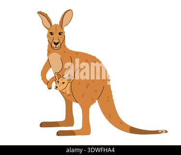Kangaroo mother with a cute baby joey in its pouch isolated on white background. Flat style illustration of an Australian marsupial family, perfect fo Stock Vector