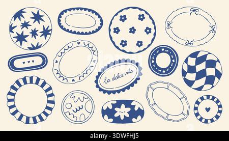 Hand drawn Mediterranean plates vector set in blue monochrome style. Decorative ceramic dish collection with ornaments and patterns, perfect for Stock Vector