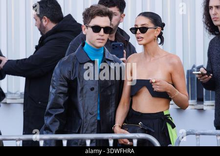 George Tabor-King and Evie Mercer are seen arriving at the Prada fashion show during the Milan Menswear Fall/Winter 2026/2027 Fashion Week on February 26, 2026 in Milan, Italy. ©Photo: Cinzia Camela. Stock Photo