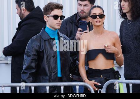 George Tabor-King and Evie Mercer are seen arriving at the Prada fashion show during the Milan Menswear Fall/Winter 2026/2027 Fashion Week on February 26, 2026 in Milan, Italy. ©Photo: Cinzia Camela. Stock Photo