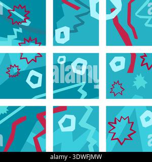 Set of underwater blue and red square icons Stock Vector