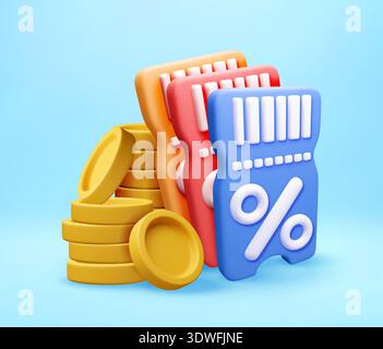 3d coupon and stack of coins. Stock Vector