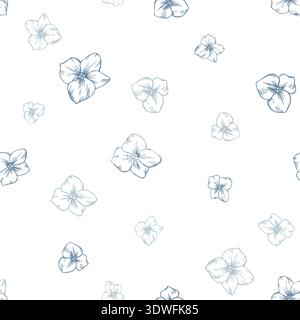 Cute little hydrangea flowers and flying forget-me-nots. Hand-drawn ink graphic line art illustration. Seamless minimalist floral pattern in pastel Stock Vector