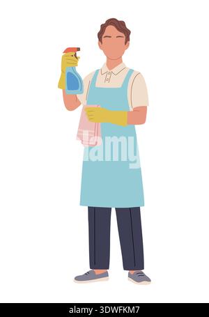 Housekeeper standing with cleaning spray and cloth Stock Vector