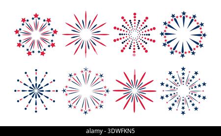Set of eight red and blue patriotic firework icons set on a white background. Festive star and burst designs ideal for 4th of July, USA Independence D Stock Vector
