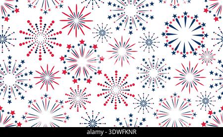 Vibrant seamless pattern of red and blue fireworks on a white background. Festive fireworks display with stars and dots, perfect for New Year, 4th of Stock Vector