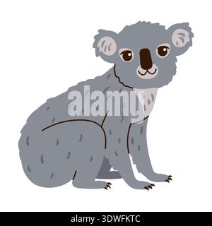 Cute gray koala bear sitting and looking forward, isolated on a white background. A hand-drawn flat illustration of a friendly Australian marsupial fo Stock Vector