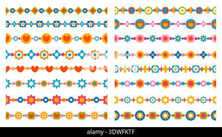 A set of sixteen vibrant, colorful seamless borders featuring geometric and floral patterns with stars, hearts, and beads. Children's jewelry, friends Stock Vector
