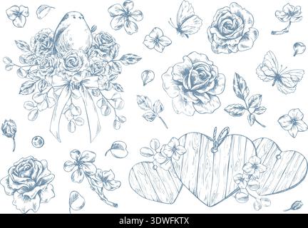 Birds with roses, hearts, and butterflies. Hand-drawn ink graphic line art illustration. A set of clip art stickers in pastel colors for wedding and Stock Vector