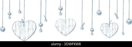 Wooden hearts and beads suspended on strings. Hand-drawn ink graphic line art illustration. Seamless minimalist border pattern in pastel colors for Stock Vector
