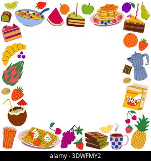 Colorful square frame of flat style breakfast food and snacks. Featuring cereal, pancakes, waffles, coffee, tropical fruits, and cakes. Decorative bor Stock Vector