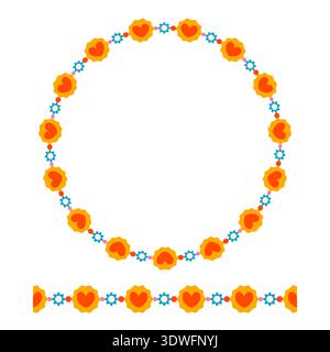 Children's jewelry, friendship bracelets borders. Cartoon round floral frame and seamless border featuring orange heart-shaped flowers, blue stars, an Stock Vector