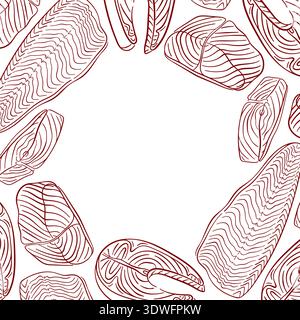 Hand drawn salmon fish frame with steak cut in line art style. Ideal for seafood store branding, restaurant menu, food packaging and culinary design. Stock Vector