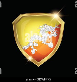 Bhutan Flag Golden Shield Logo Stock Vector
