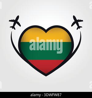 Lithuania Travel Heart Flag With Airplane Icons Stock Vector